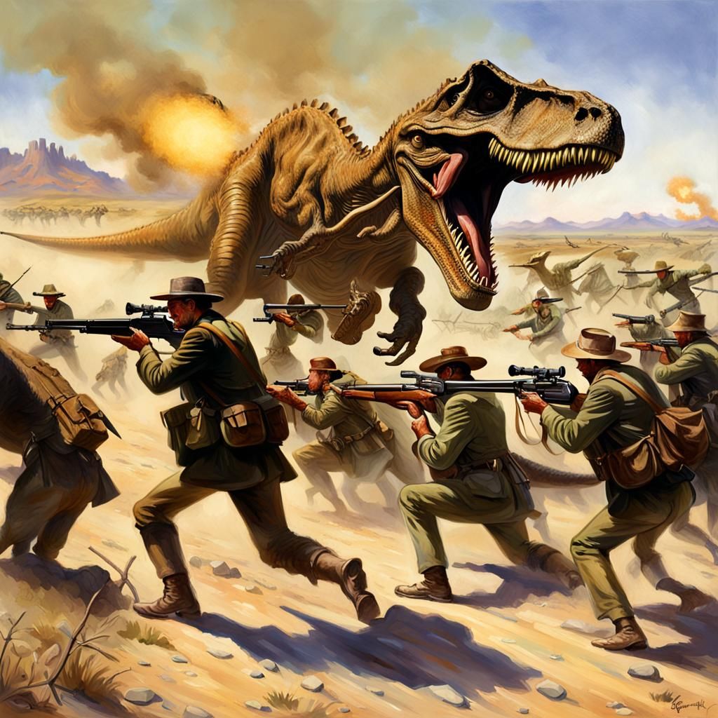 Dinosaur Battle in Remington Illustration Style