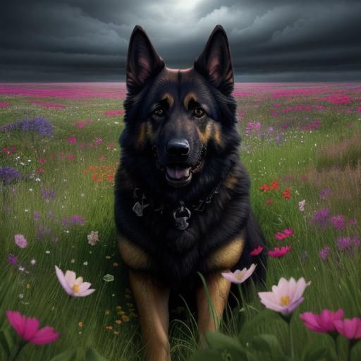 German Shepherd in Flower Field: Digital Painting