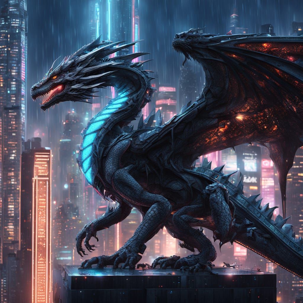 Cybernetic Dragon Soars Over Neo-Tokyo Skyscrapers in Dark F...