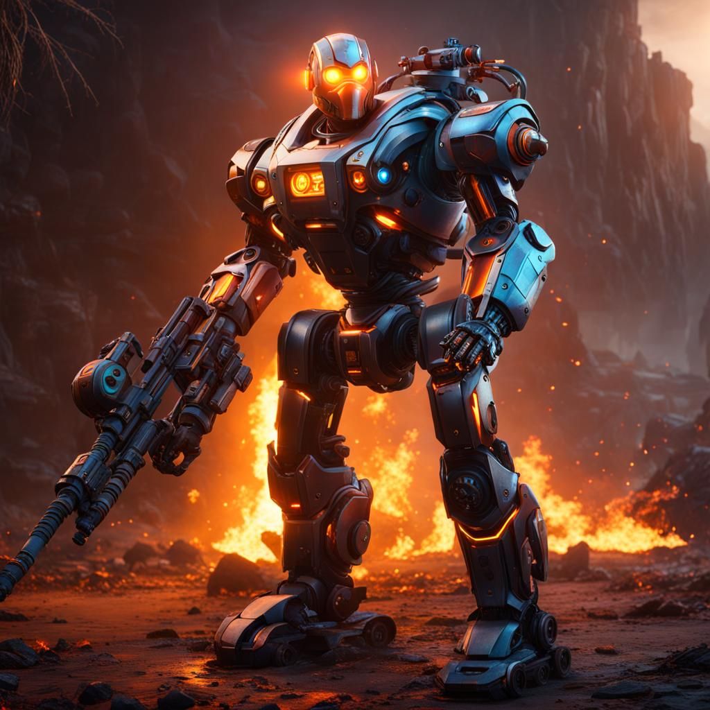 Foreshortened Robot with Flamethrower: Detailed Matte Painti...
