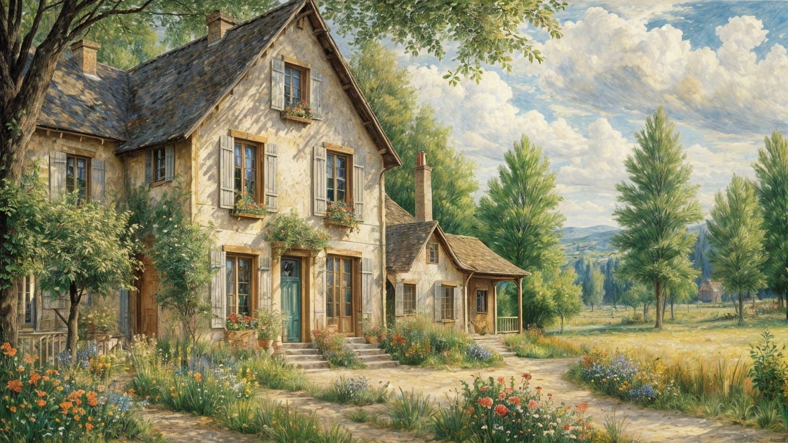 House in Landscape as Impressionistic Oil Painting