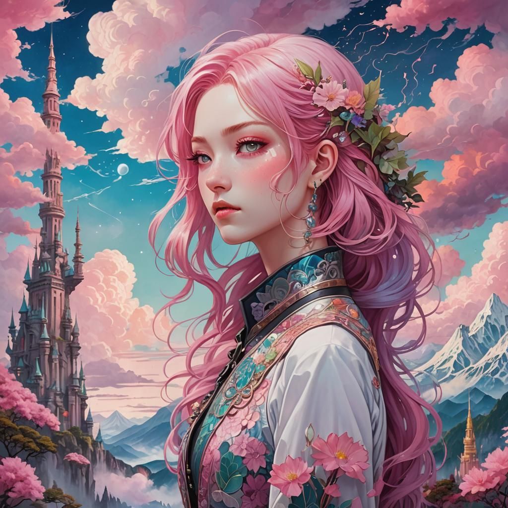 Pink-Haired Girl in Dreamlike Fantasy Landscape