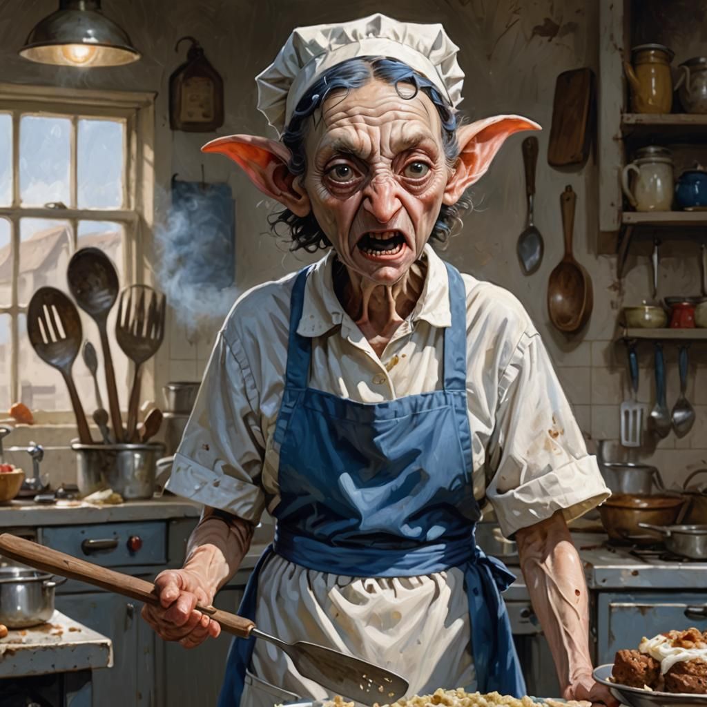 Grumpy House Elf Lunch Lady in White