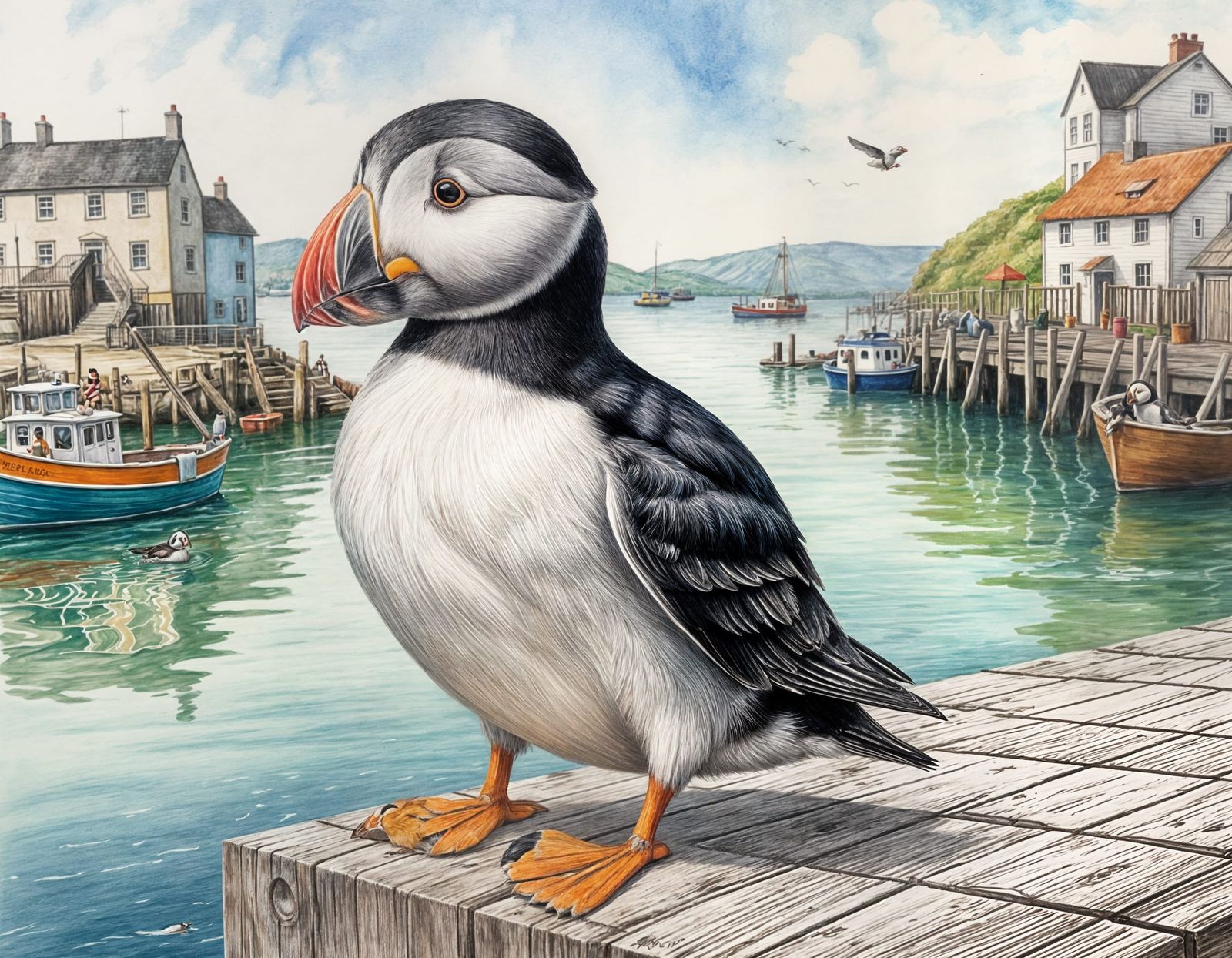 Cute Puffin at the Dock of the Bay in Whimsical Cartoon Styl...