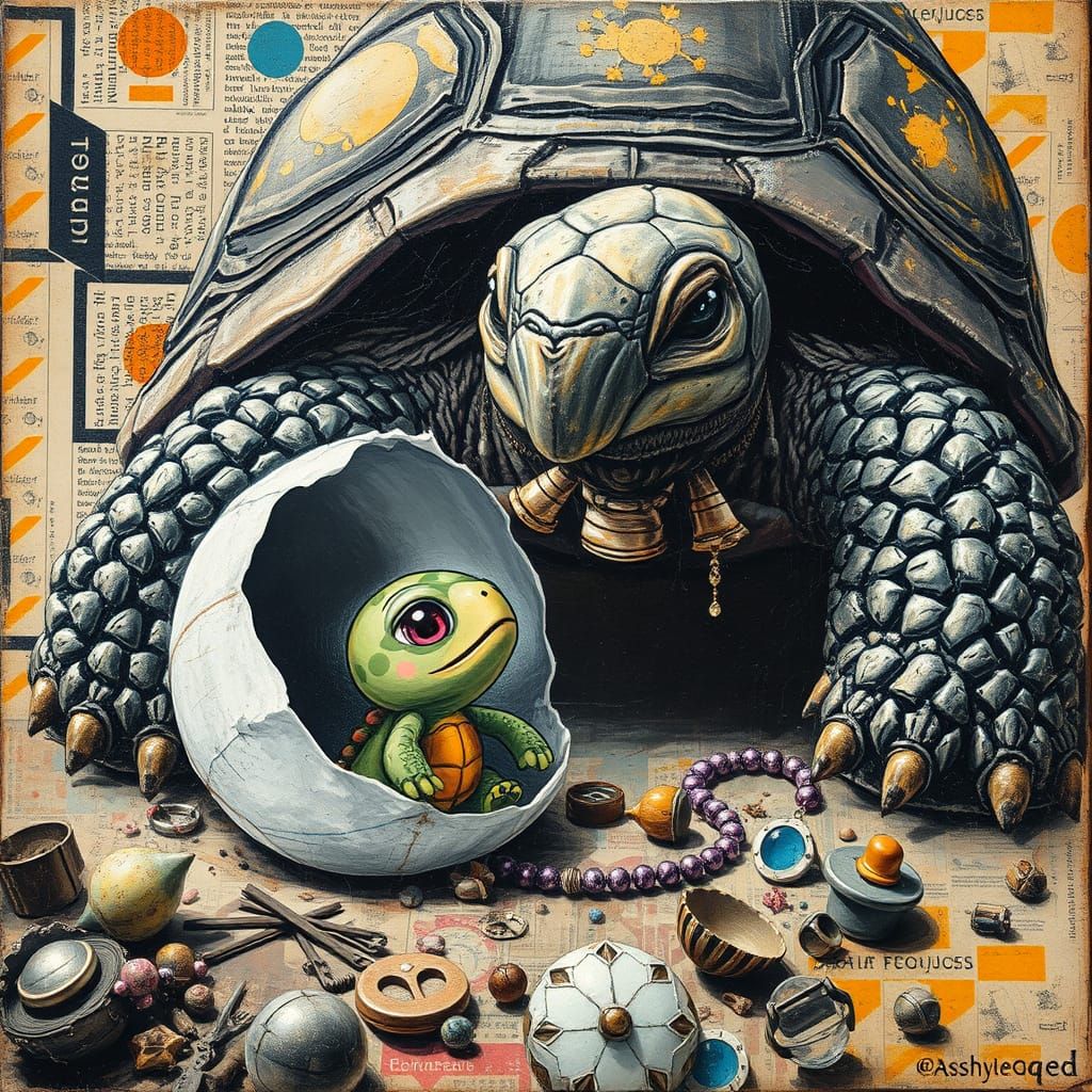 Kawaii Turtle Meets Ancient Tortoise in Grunge Scene