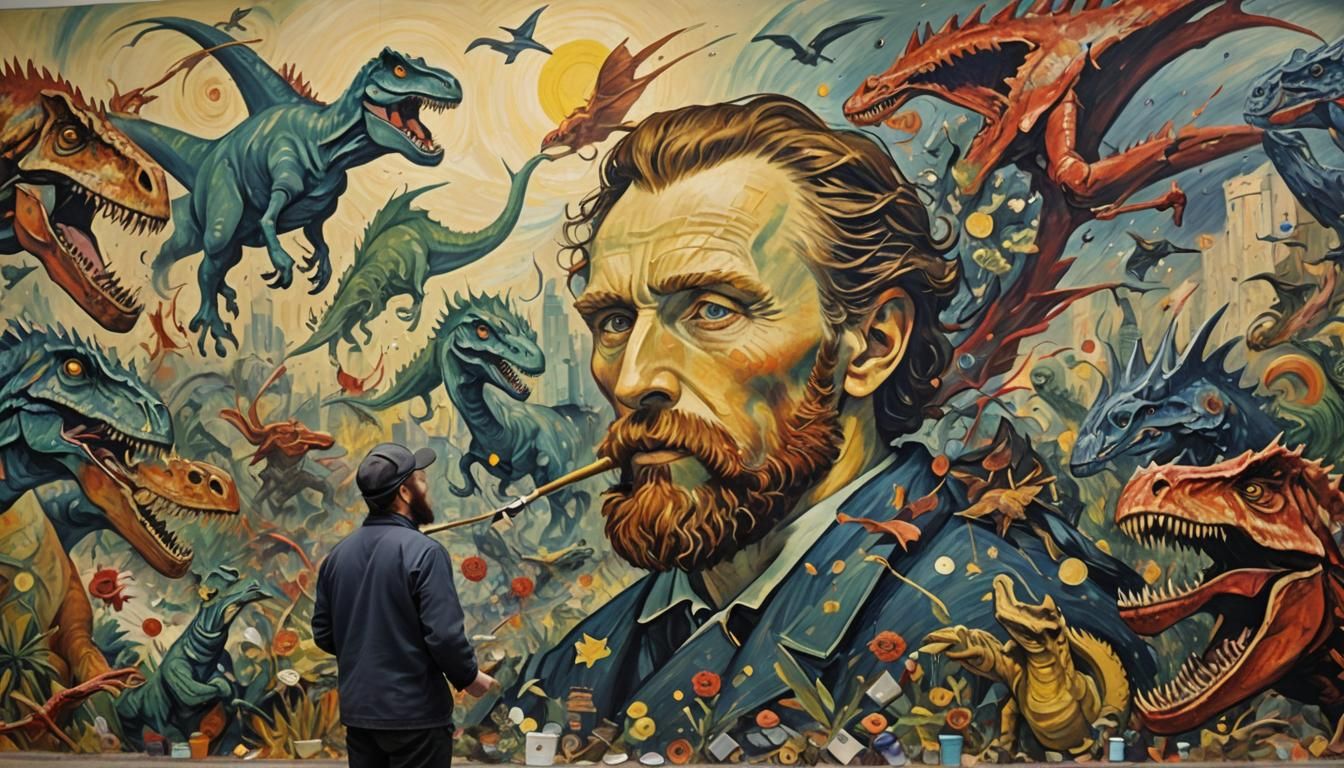 Wide shot of recognisable bearded artist Vincent Van Gogh pa...