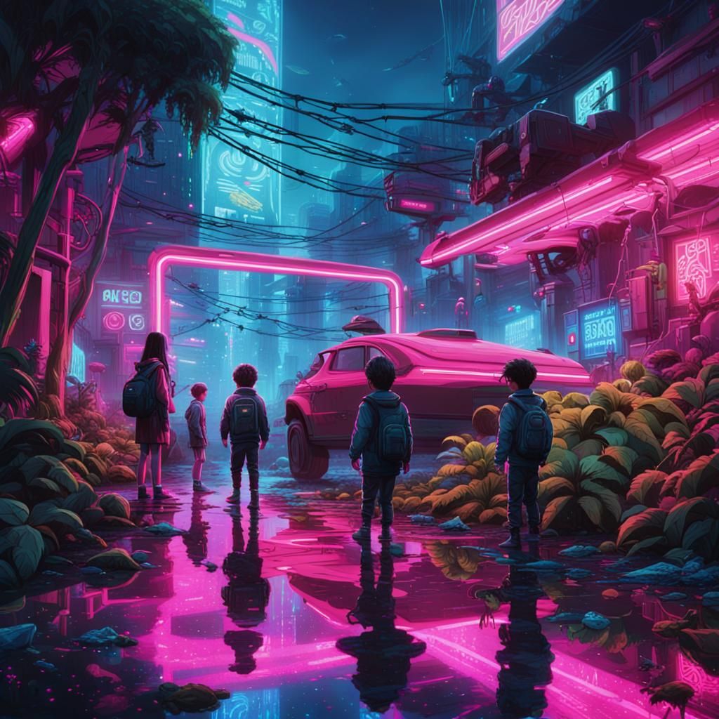 Cyberpunk Children's Playground in Dystopian City