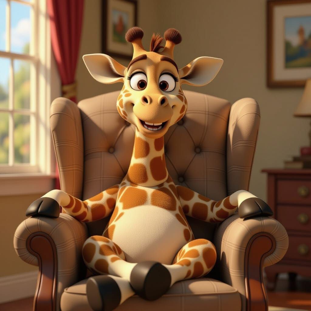 Giraffe Relaxing in Armchair, Disney Pixar Style