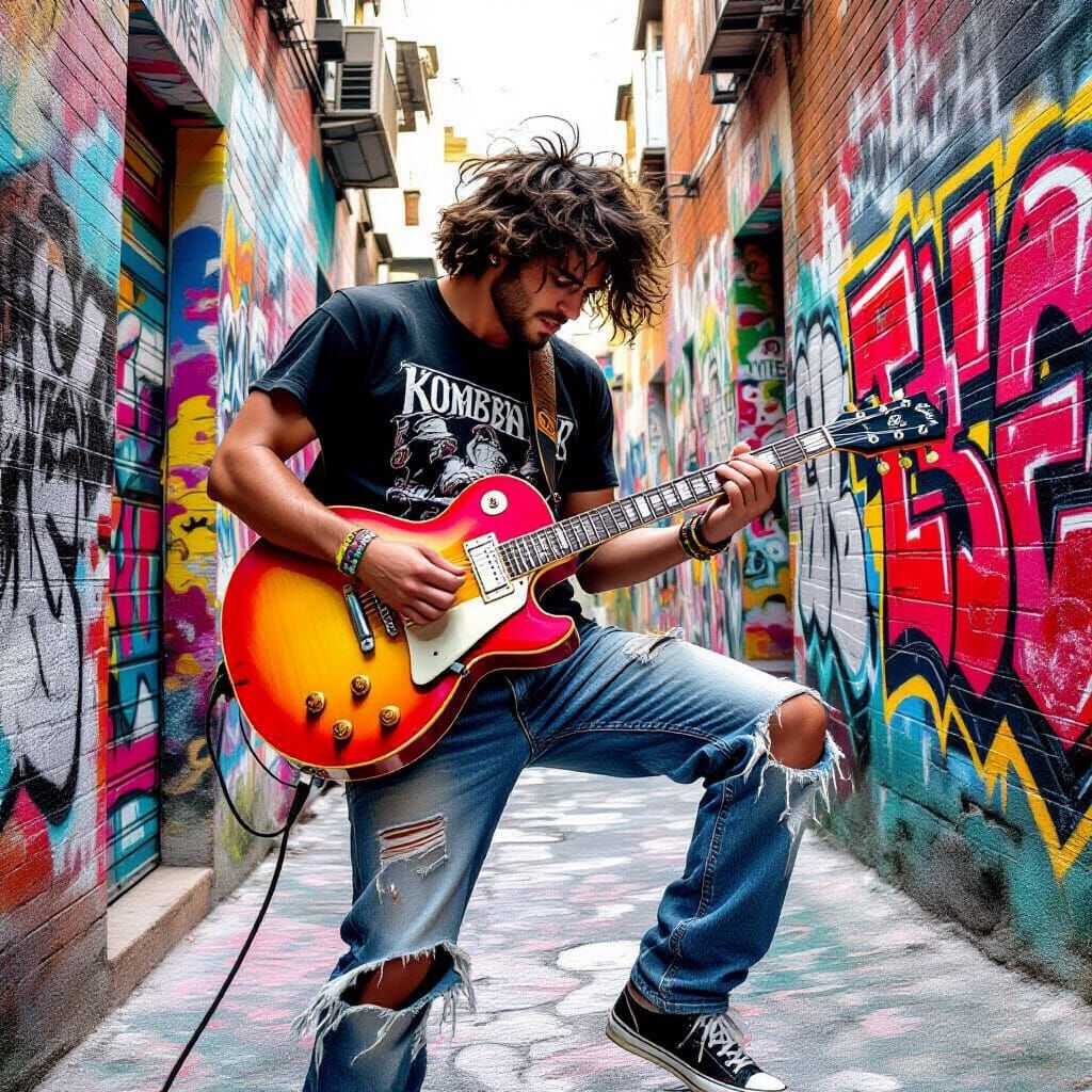 Passionate Guitarist in Graffiti Alley, Art Nouveau Style