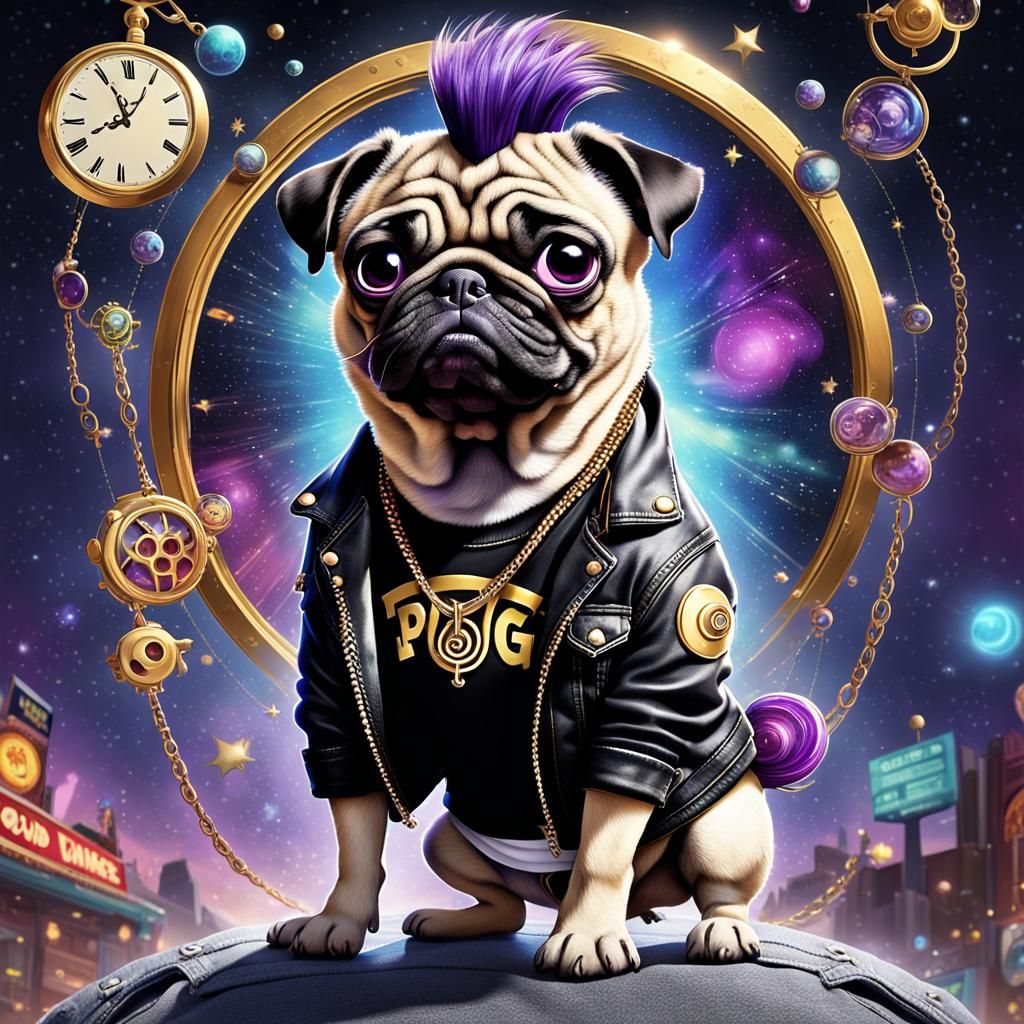 Pixar Pug cartoon character with punk style purple Mohawk ha...