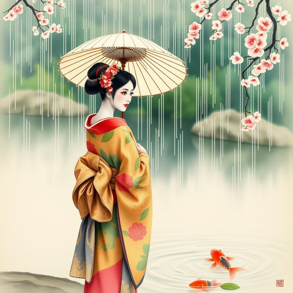 Traditional Geisha umbrella watercolour