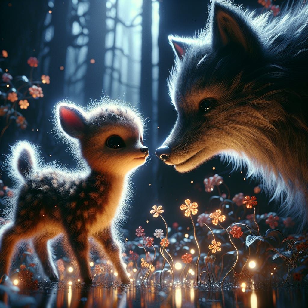 Curious Fawn and Wolf: A Hyperrealistic Digital Masterpiece