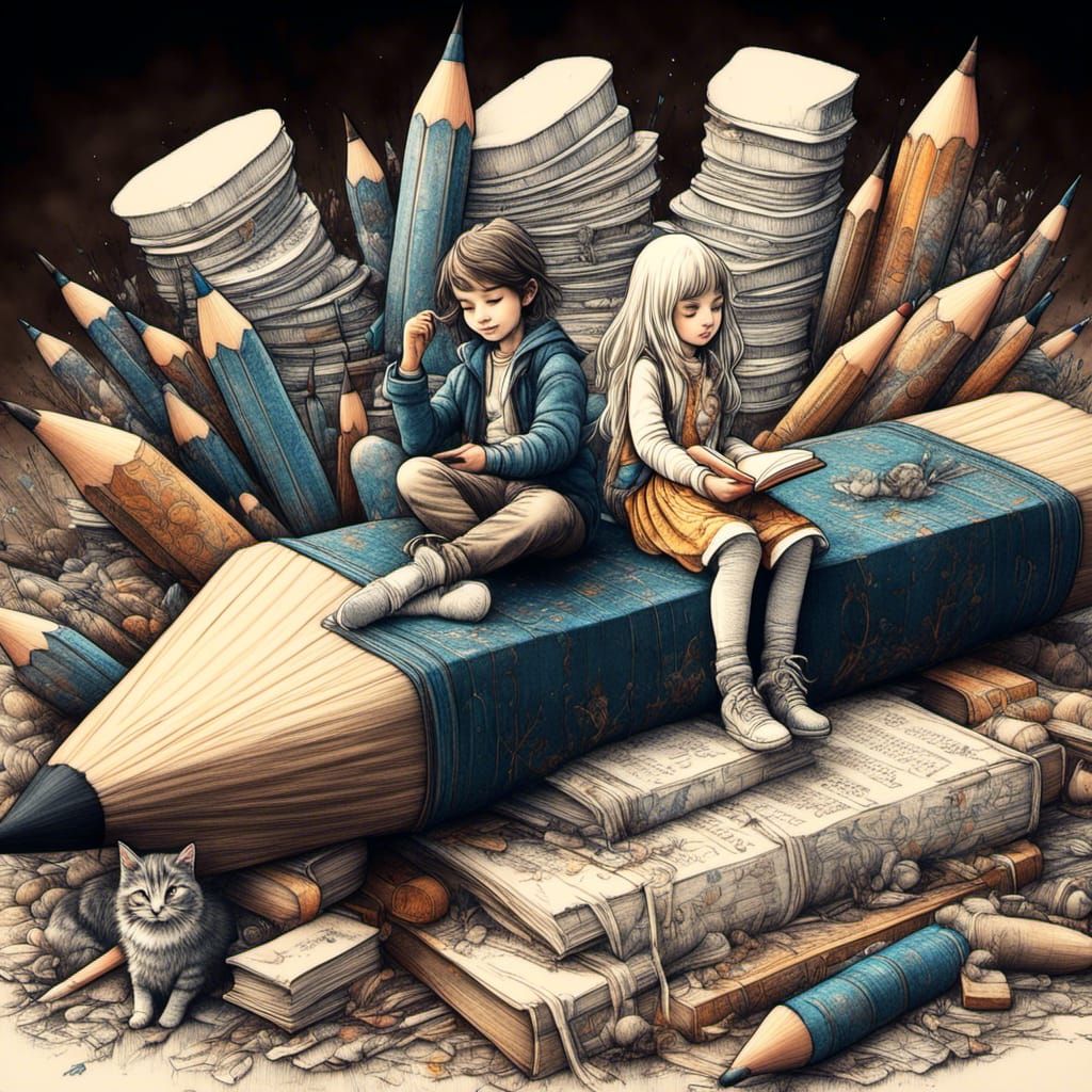 Hyperrealistic Children's Ink Drawing with Giant Pencil