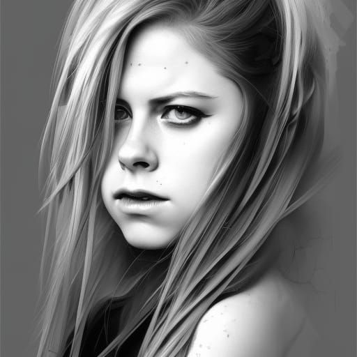 Avril Lavigne Sad Portrait in Black and White