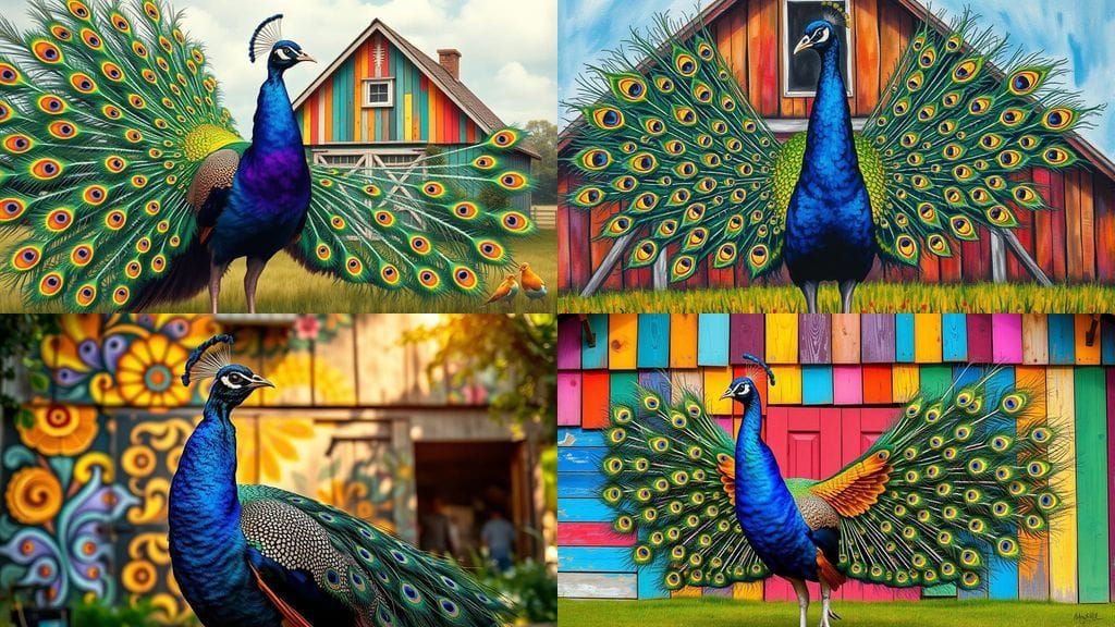 Majestic Peacock Spreads Vibrant Colors in a Colorful Barn