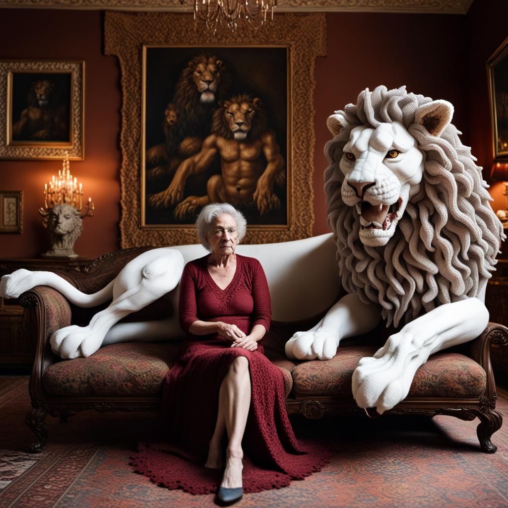 Giant Crocheted Lions in Hyperrealistic Portrait