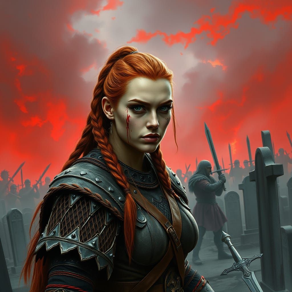 Fierce Female Viking Warrior in Mesh Armor, Long Red Hair, a...