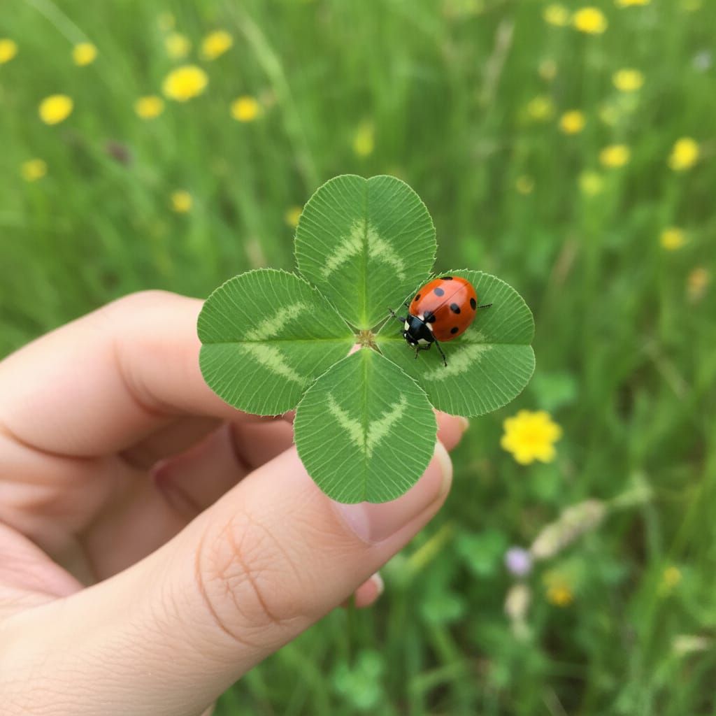 Macro Four-Leaf Clover with Ladybug in Diffuse Daylight
