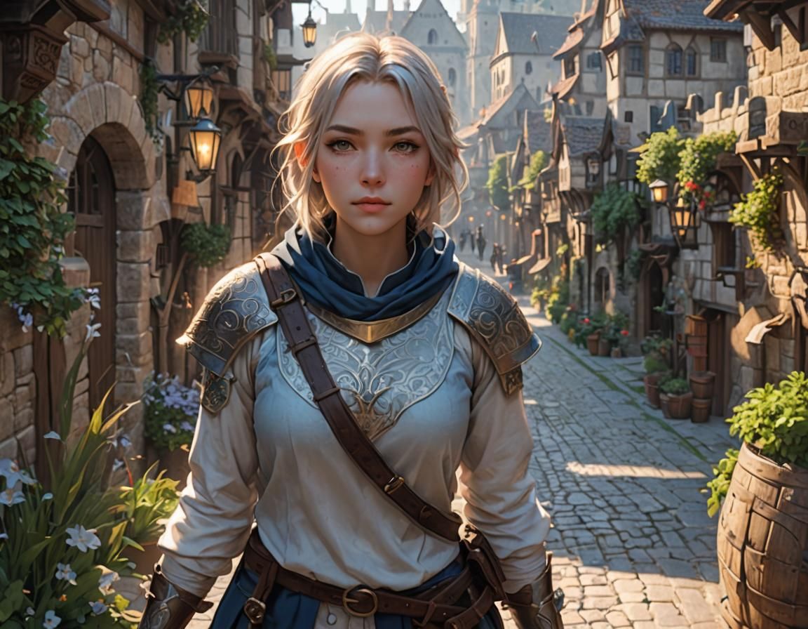 Young Mage Walks Mystical Medieval City in 3D Anime Art