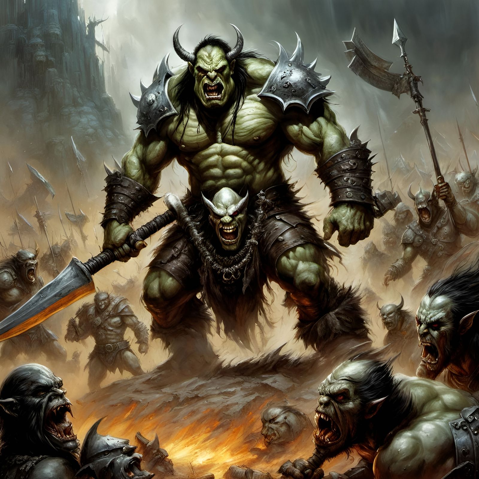 Orc Warrior Tramples Foes in Dark Fantasy Battle