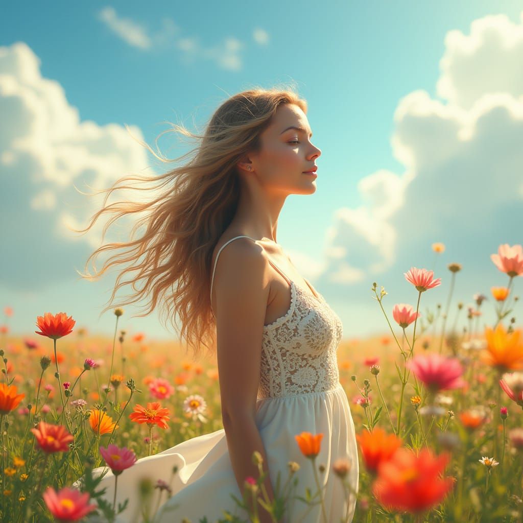 Vibrant Spring Goddess in a Kaleidoscope of Wildflowers