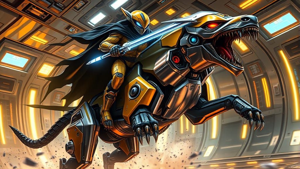 Humanoid Alien Battles Robot Wolf in Futuristic Space Battle