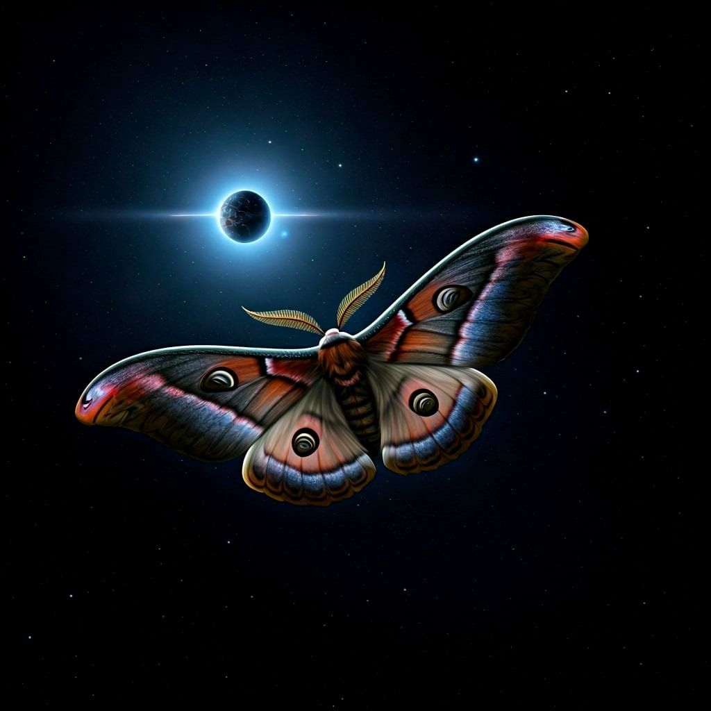 Giant Moth in Cosmic Void, Nebula Wings, Dying Star Glow
