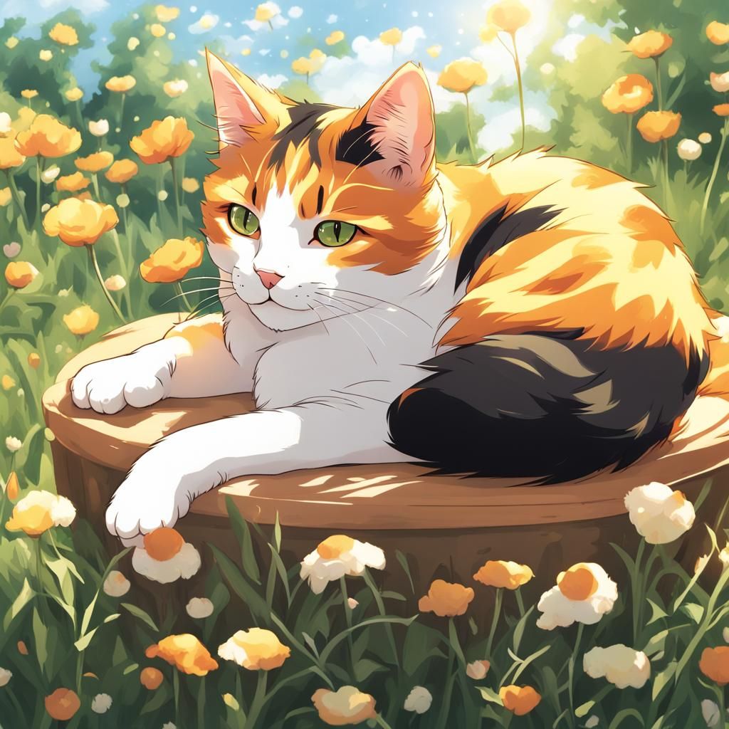 Calico Cat Lounging in Sunlight: Anime Style