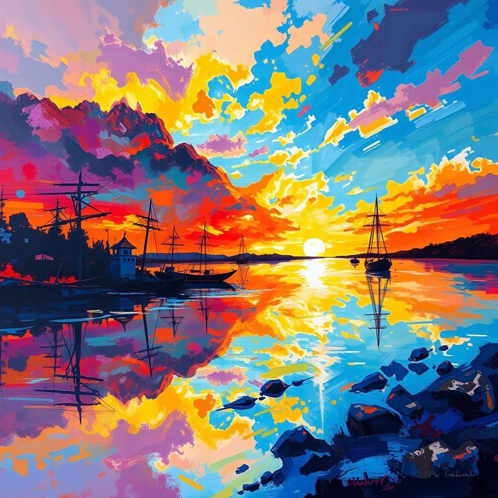 Vibrant Reflections in Detailed Brushwork Painting