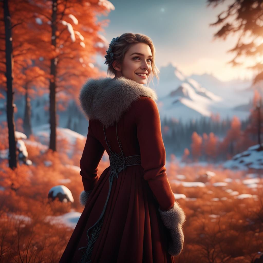 Girl Smiles in Winter Forest: Detailed Matte Painting