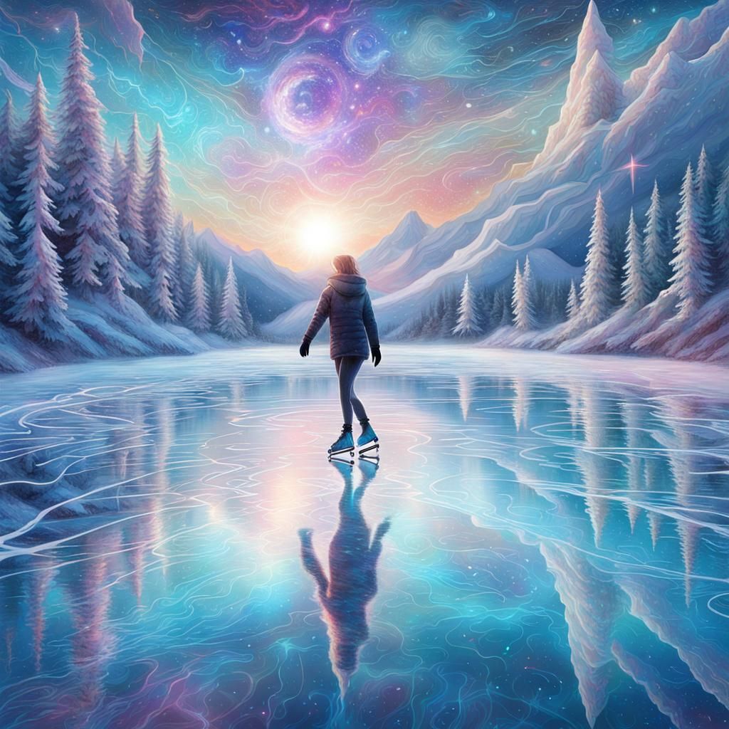 Ice Skating on Lake: Cosmic Holographic Illustration