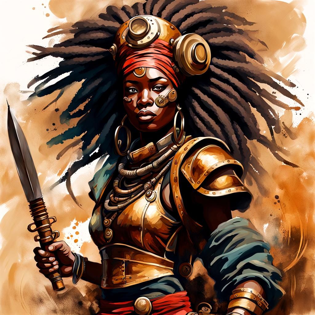 African Warrior Woman in Calligraphy Brush Style