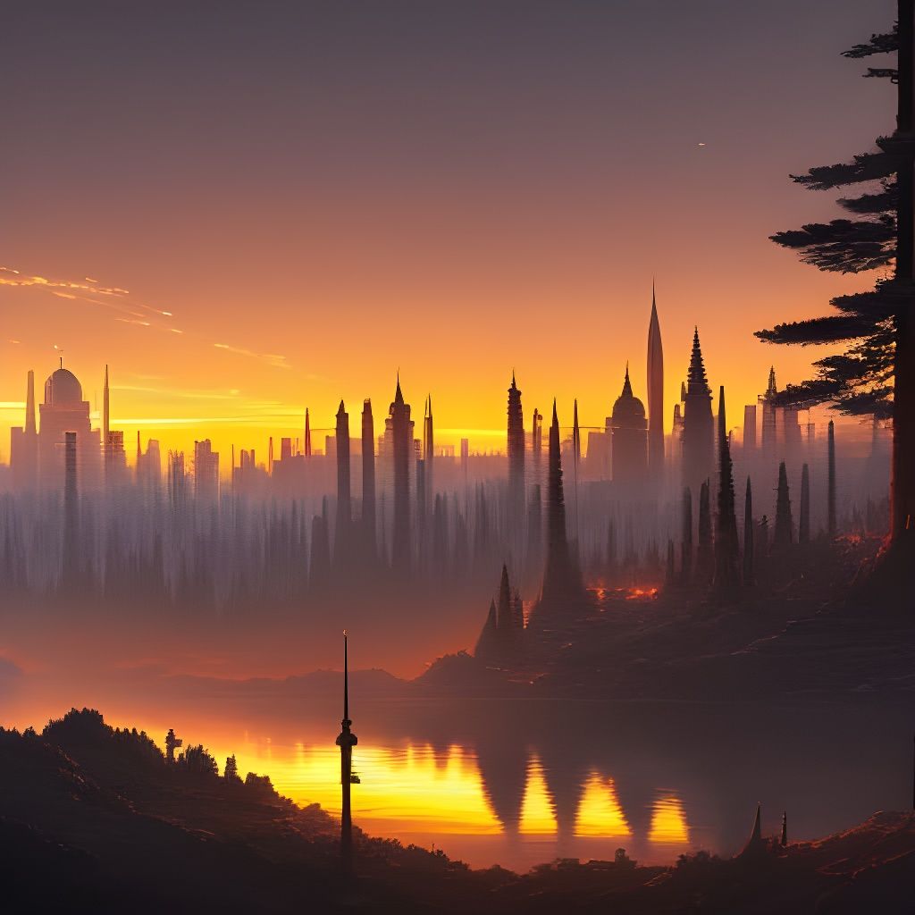 City and Nature Sunset in Romantic Style