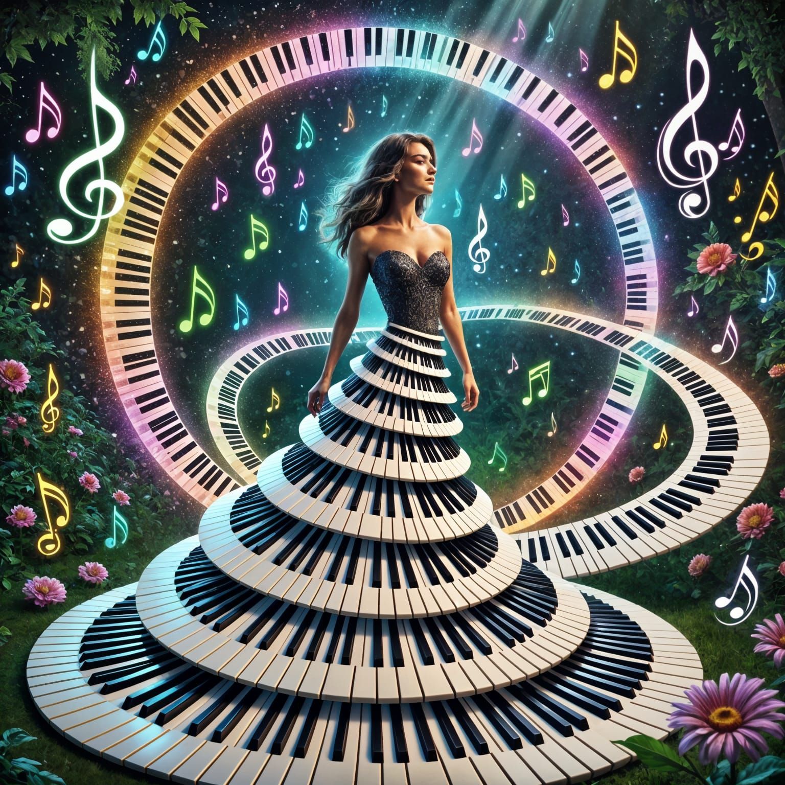 The Goddess of Music in a Vibrant Piano Key Gown