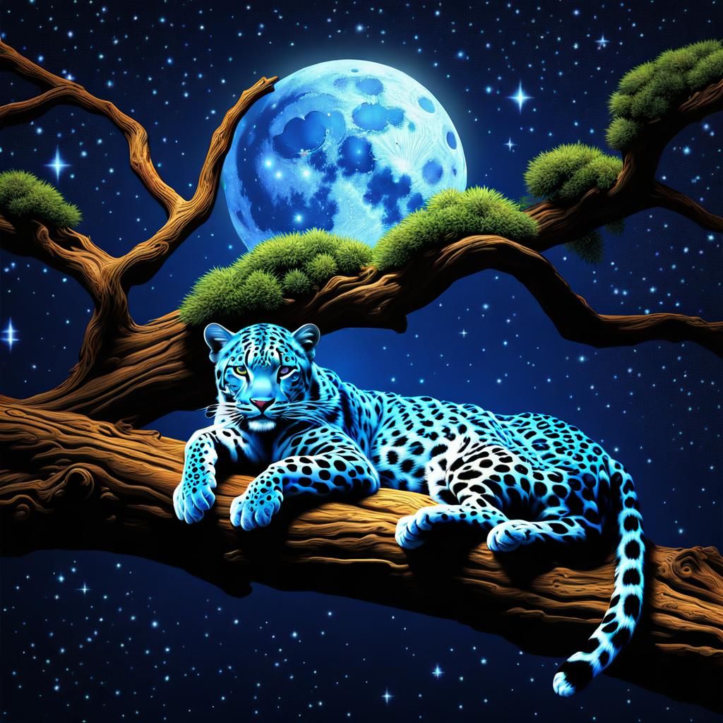 Fantasy Leopard Asleep Under Bilious Moon in 8K
