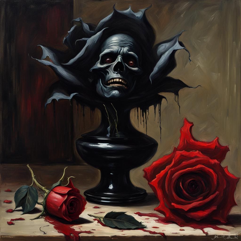 Haunting Black Rose with Ghoul Face, Sinister Oil Painting