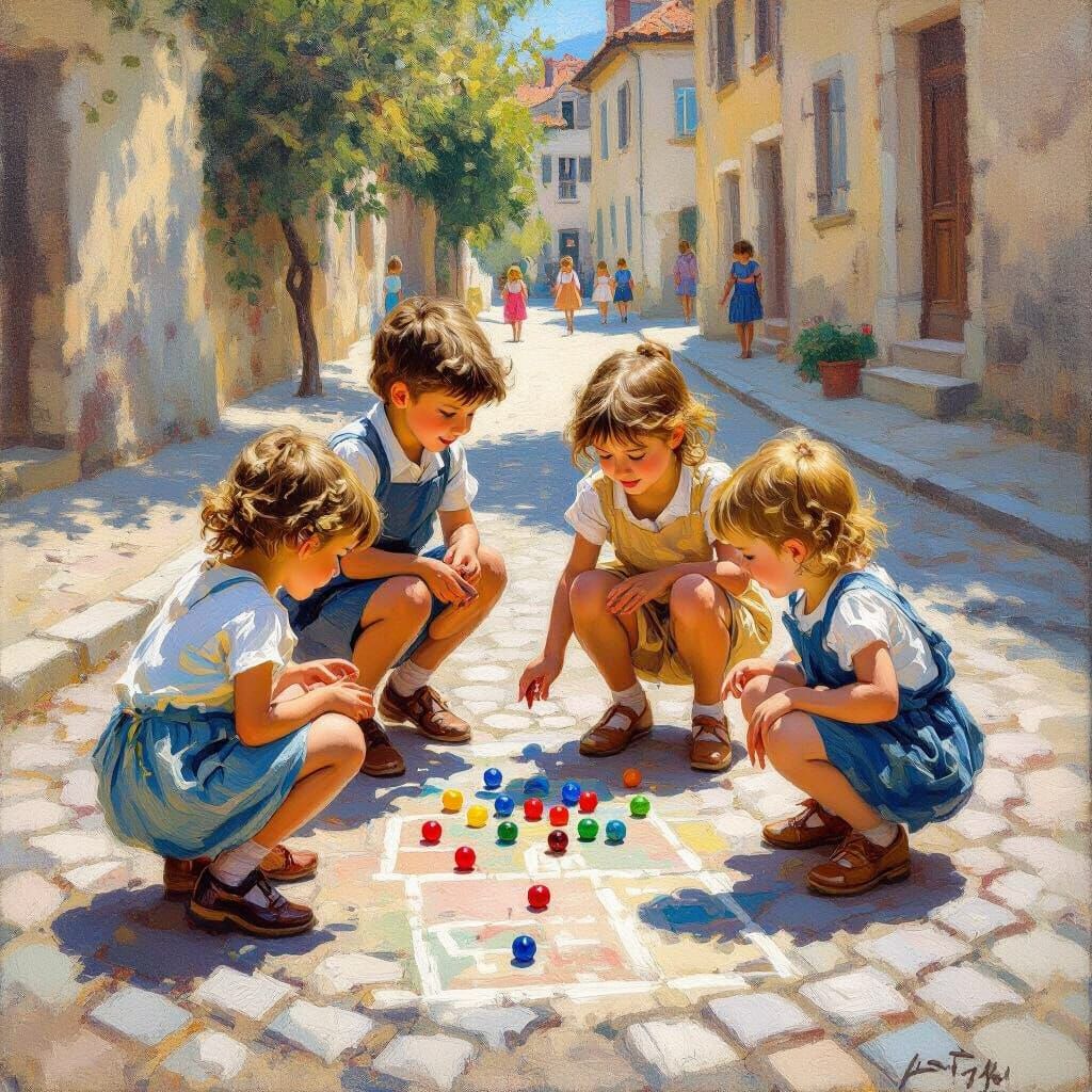 Oil Painting of Children Playing Traditional Games