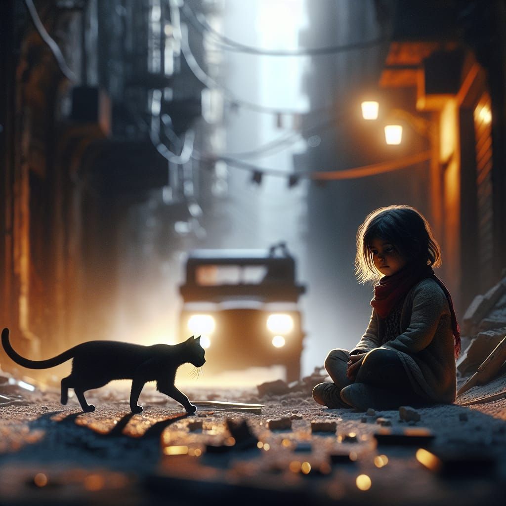 Post-Apocalyptic Girl with Cat in Hyperrealistic Style