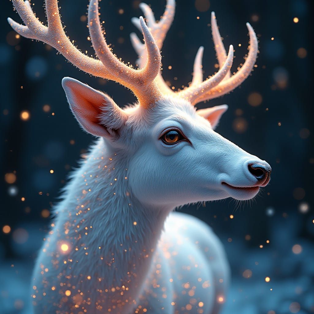 Glittering Albino Stag Amidst Sparkling Snowflakes in Vibran...