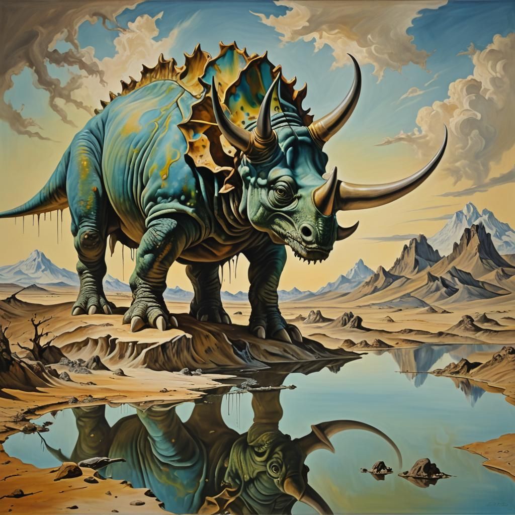 Surreal Triceratops in Melting Landscape as Oil Painting