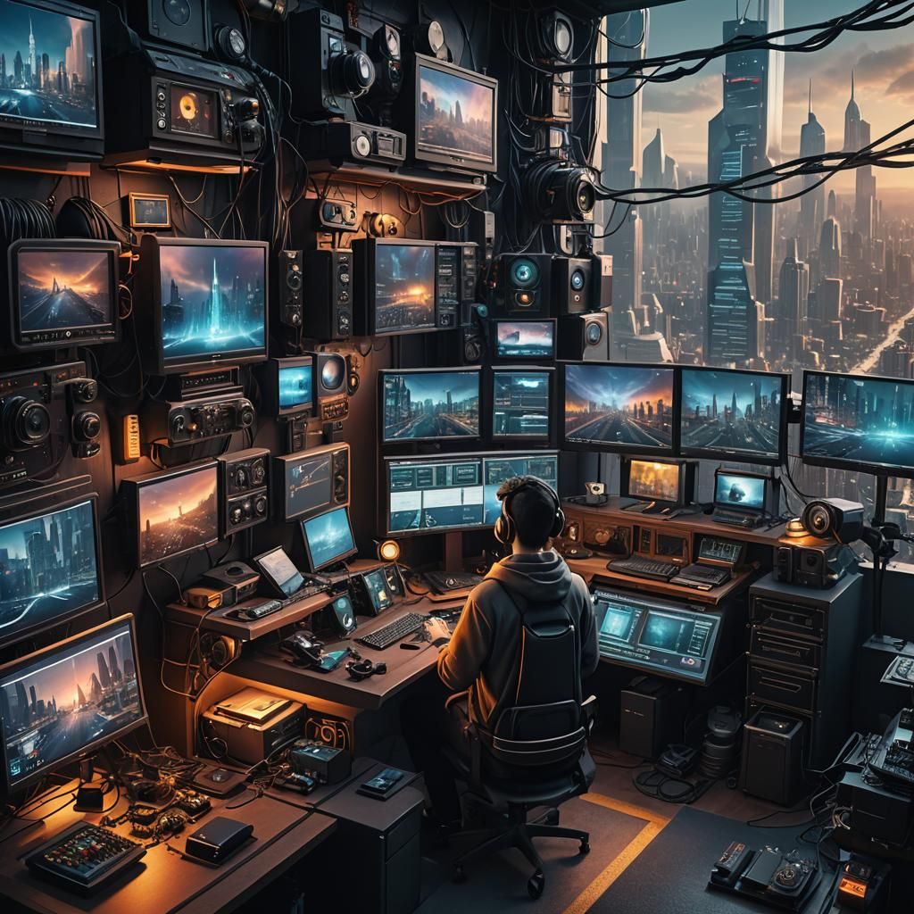 Cyberpunk Geek's Multi-Monitor City Surveillance