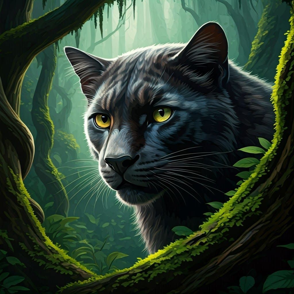 Black Cat Portrait in Emerald Forest