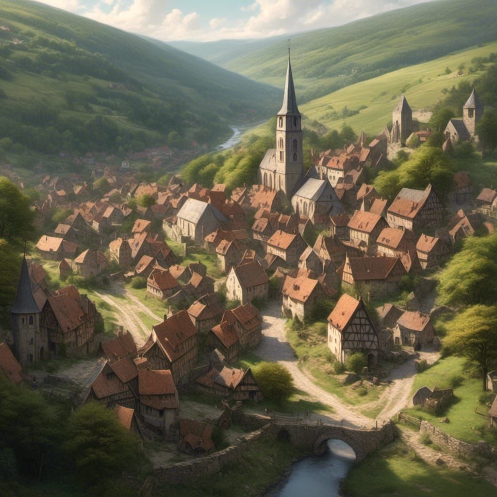 Medieval Village in Forest: Pencil Drawing