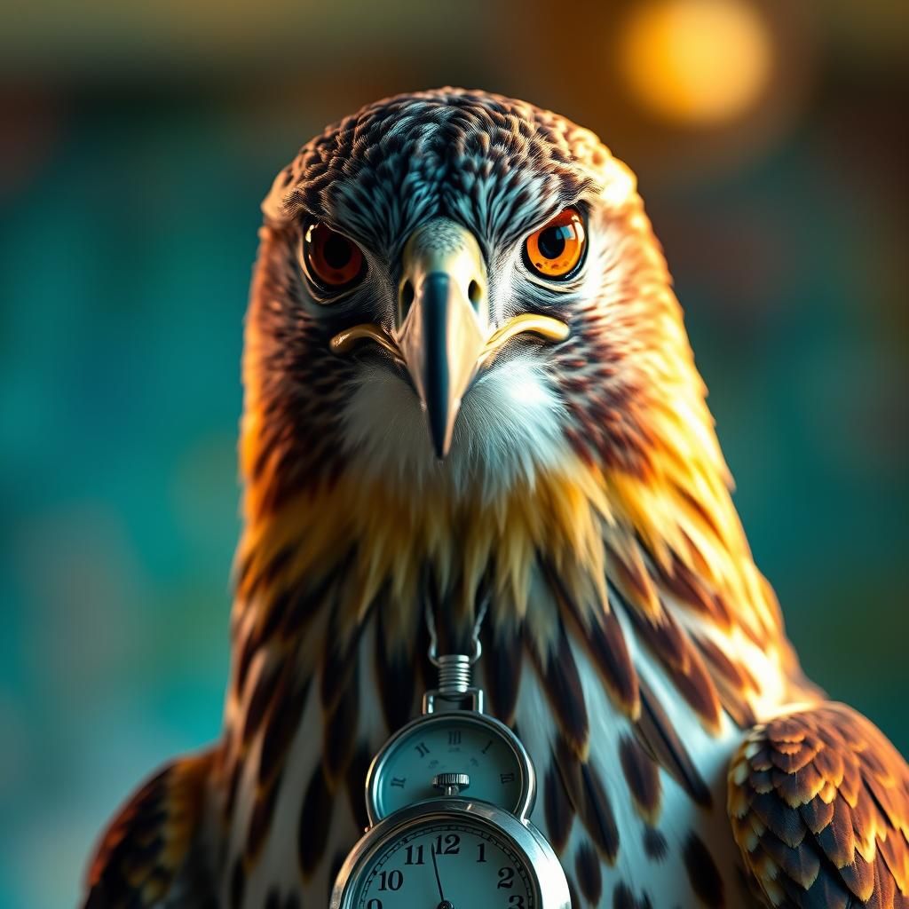 Hawk with Clock Necklace in Hyperrealistic Style