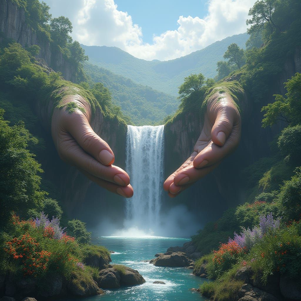 Giant Hands Cradling Waterfall Landscape in Matte Painting S...