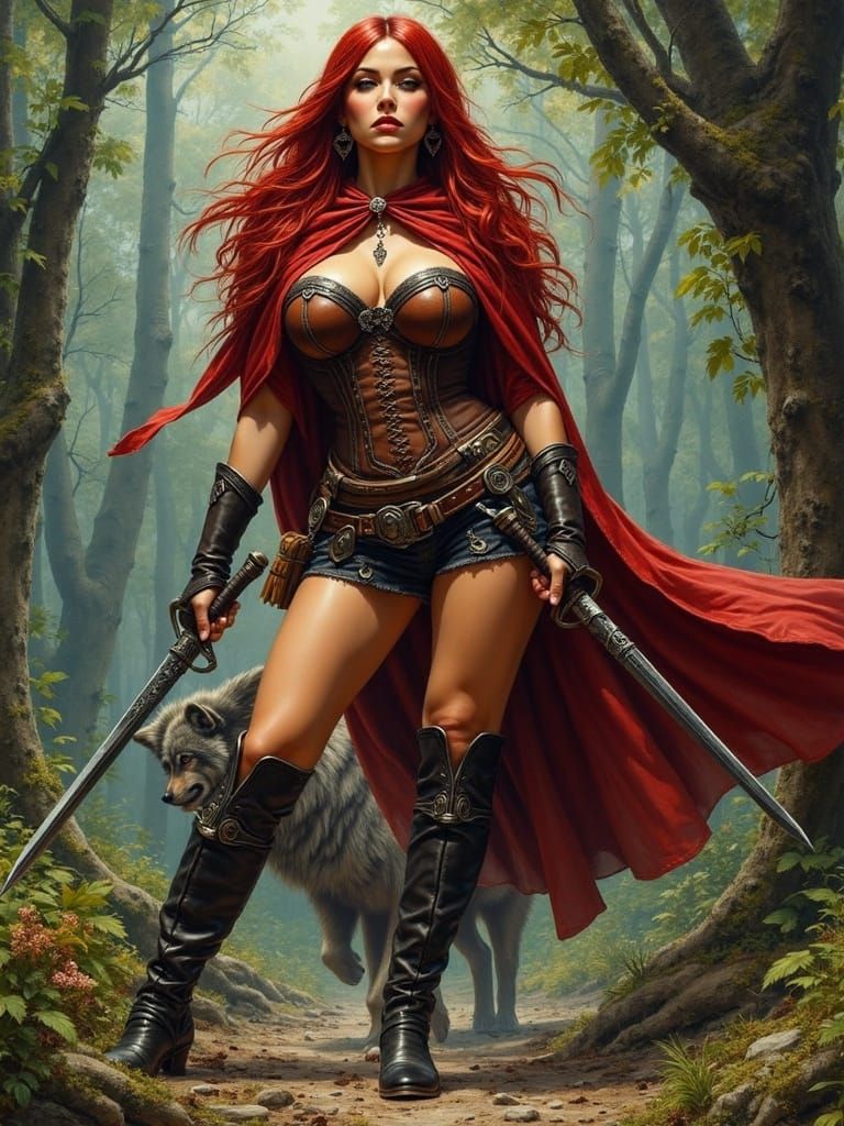 Curvy Red Riding Hood in Forest, Hyperrealistic Painting