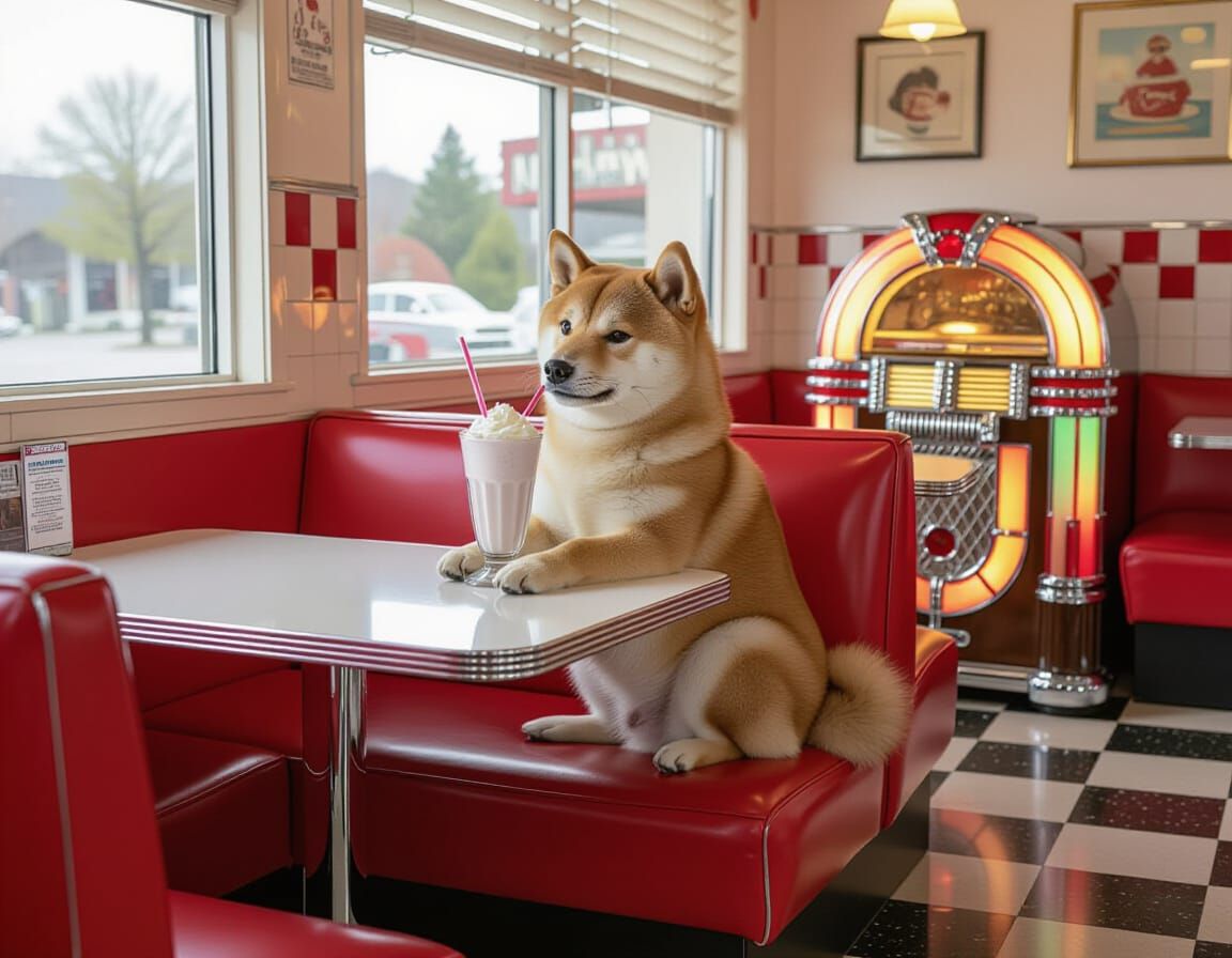 Shiba Inu in Diner, Nostalgic Art