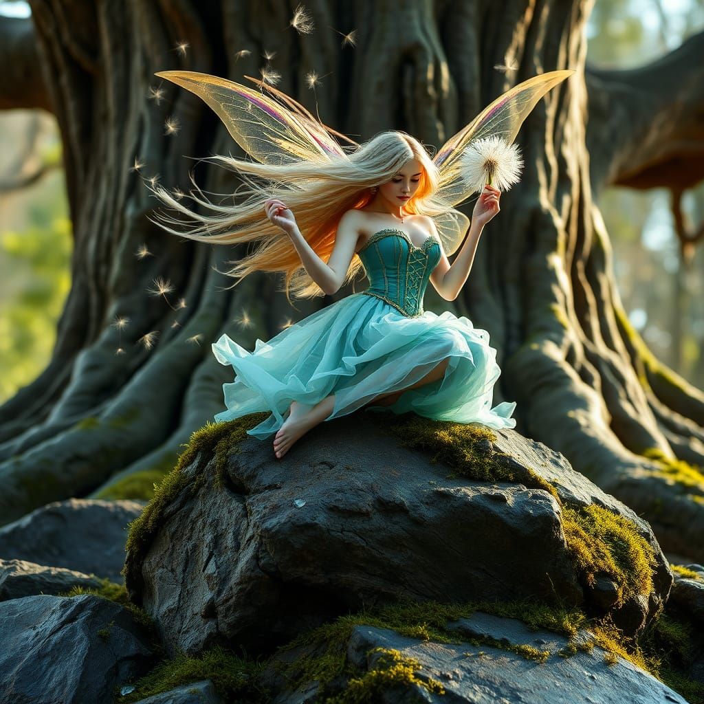 Ethereal Fairy with Dandelion Seedhead in Dreamlike Setting
