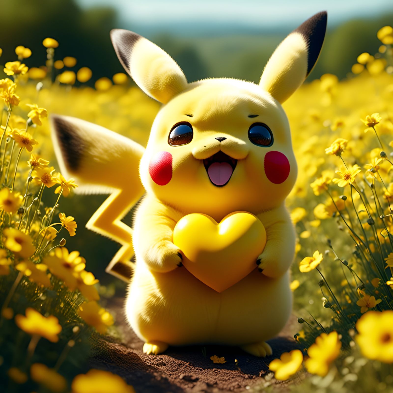 Happy Pikachu with Yellow Heart in Flower Field