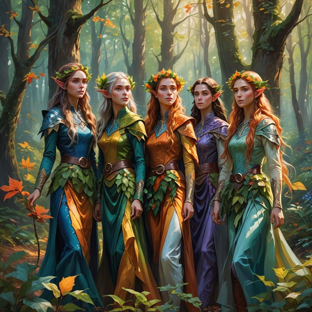 Seasonal Elves in Forest: Oil Painting Concept Art